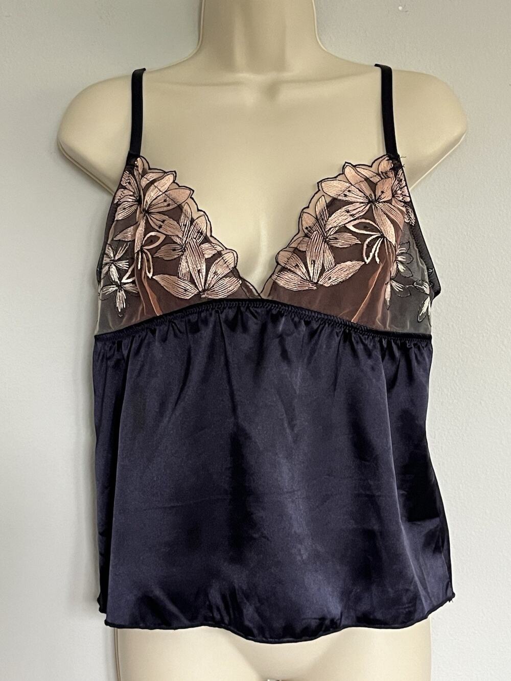 Rachel Roy Babydoll Satin Lace Camisole Top Women's L Navy Blue Intimate Lounge